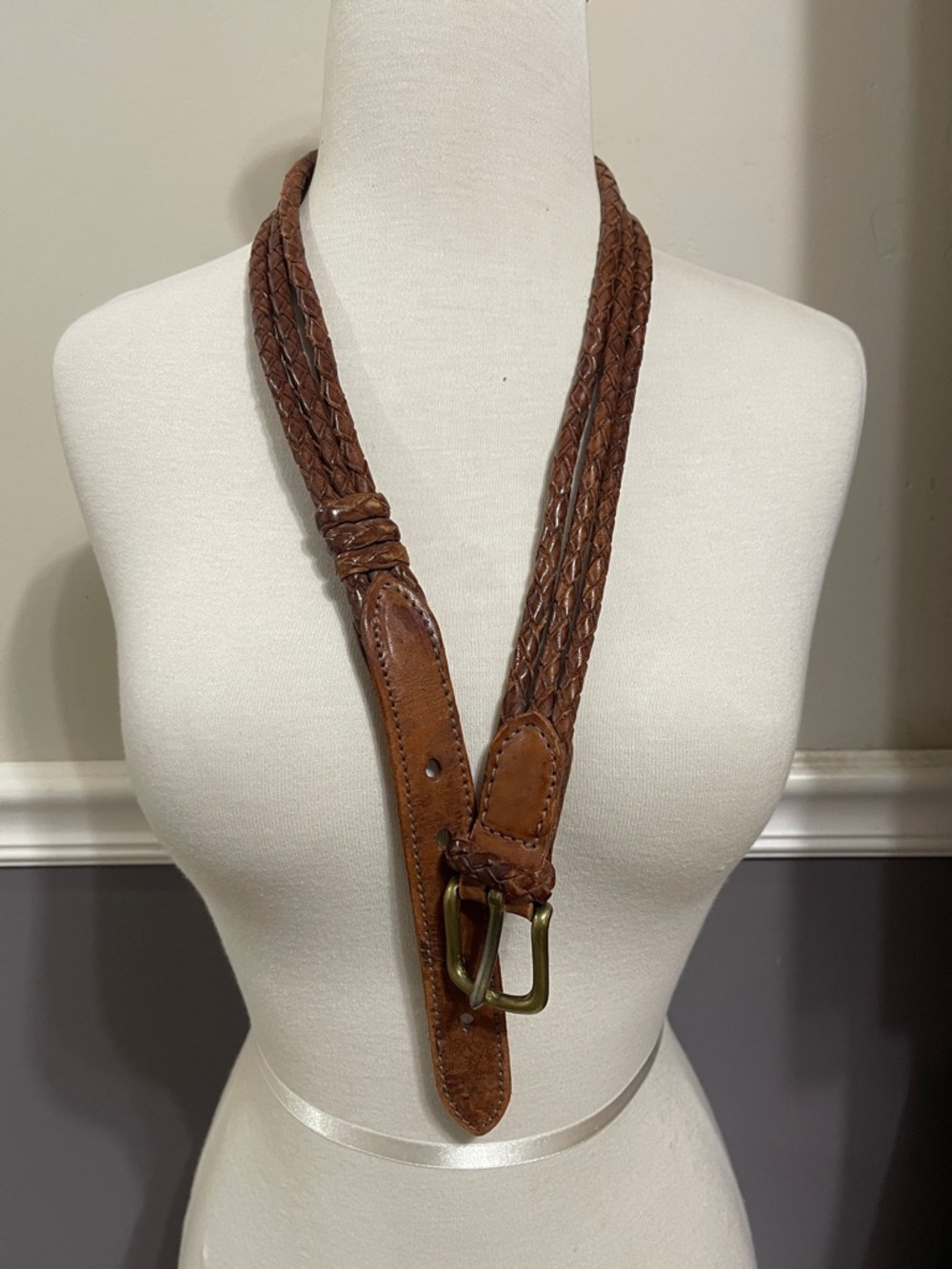 VTG Multi Strand Braided Brown Leather Belt with Brass Buckle